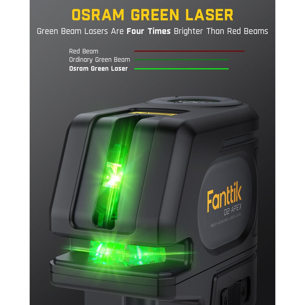 Fanttik D2 APEX laser level with bright green Osram laser beams, highlighting superior brightness compared to red beams.