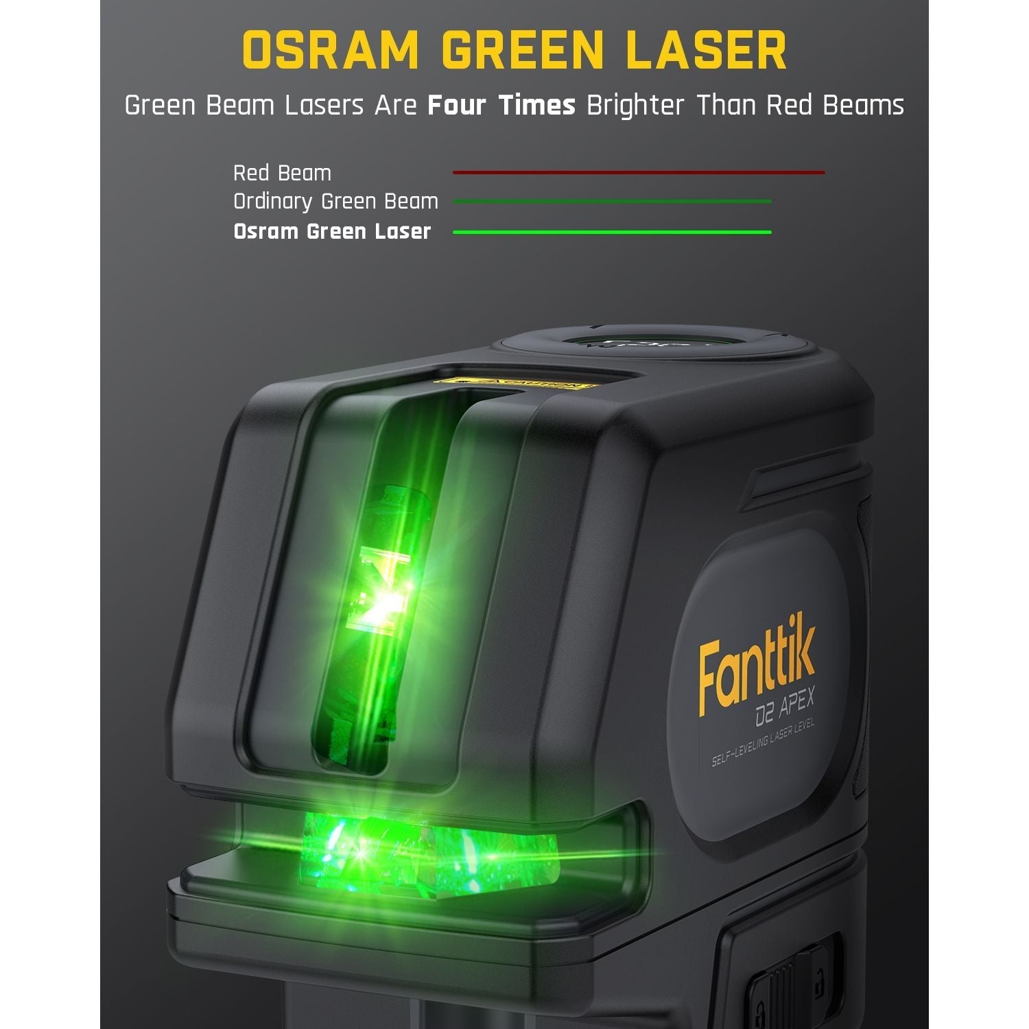 Fanttik D2 APEX laser level with bright green Osram laser beams, highlighting superior brightness compared to red beams.