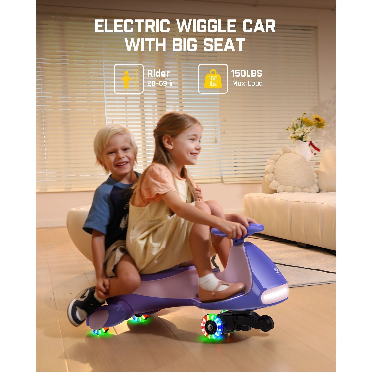 Purple FanttikRide N7 electric wiggle car with big seat, two kids, 150lb max load, illuminated wheels.