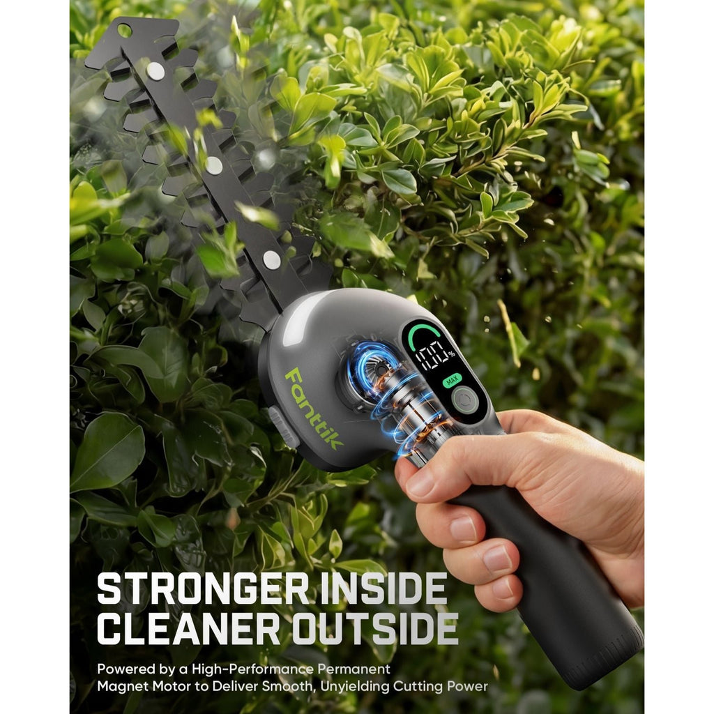 Fanttik Z10 Pro cordless hedge trimmer cutting green shrubs, digital display showing MAX and 100%