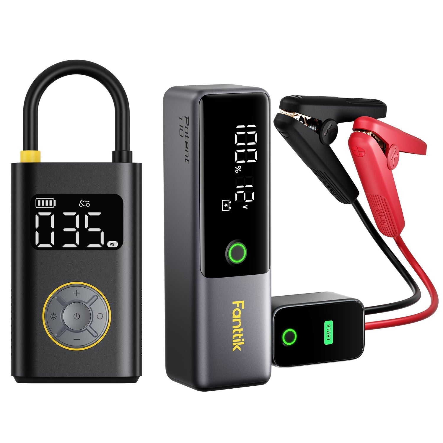 Fanttik X9 Pro tire inflator and T10 1800A jump starter with clamps and digital displays
