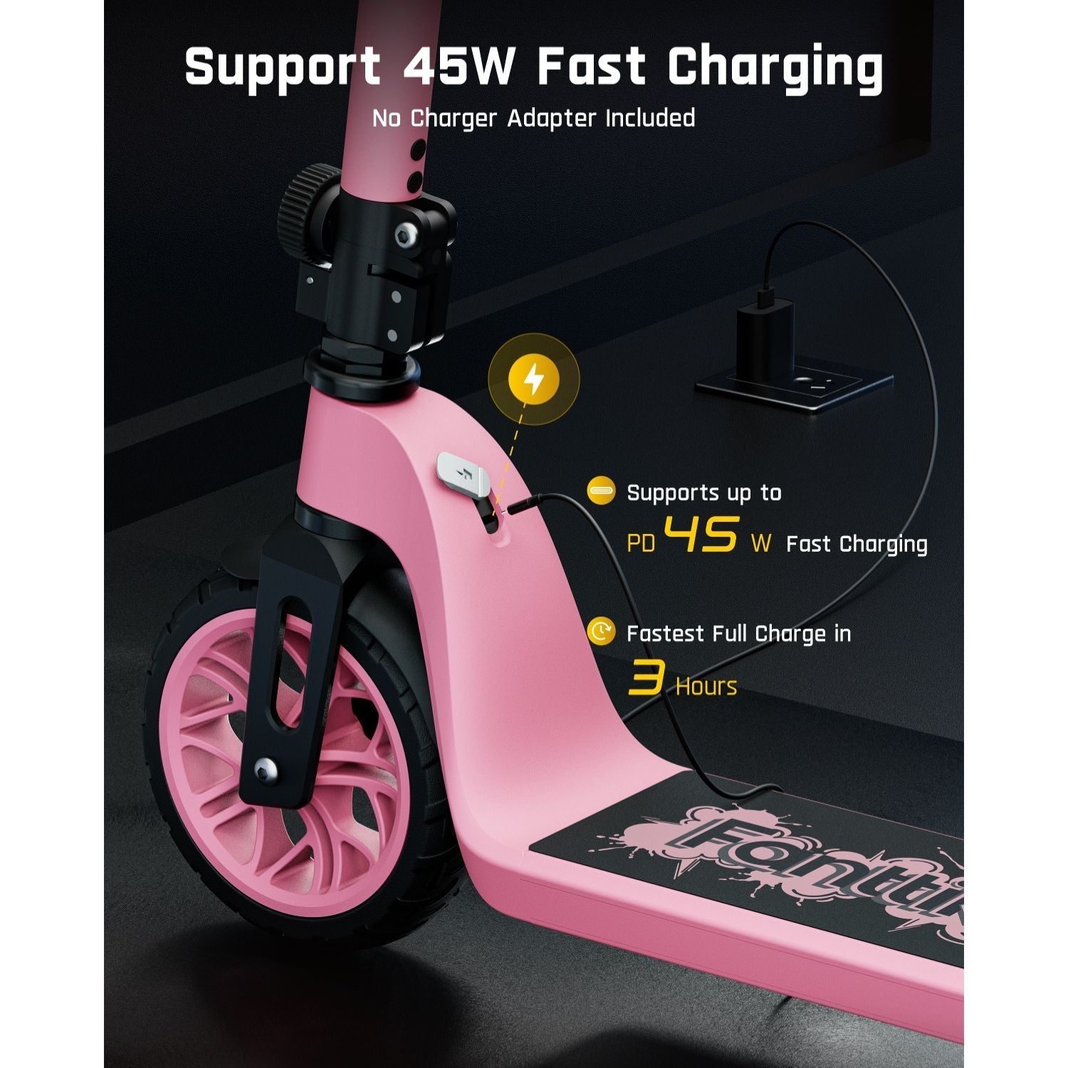 Pink FanttikRide T10 kids electric scooter with 45W fast charging and 3-hour full charge time.