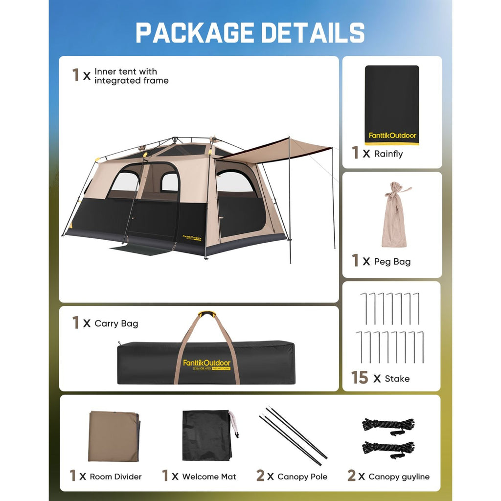 FanttikOutdoor Zeta C8/C10 camping tent package details with rainfly, carry bag, stakes, canopy poles and guylines