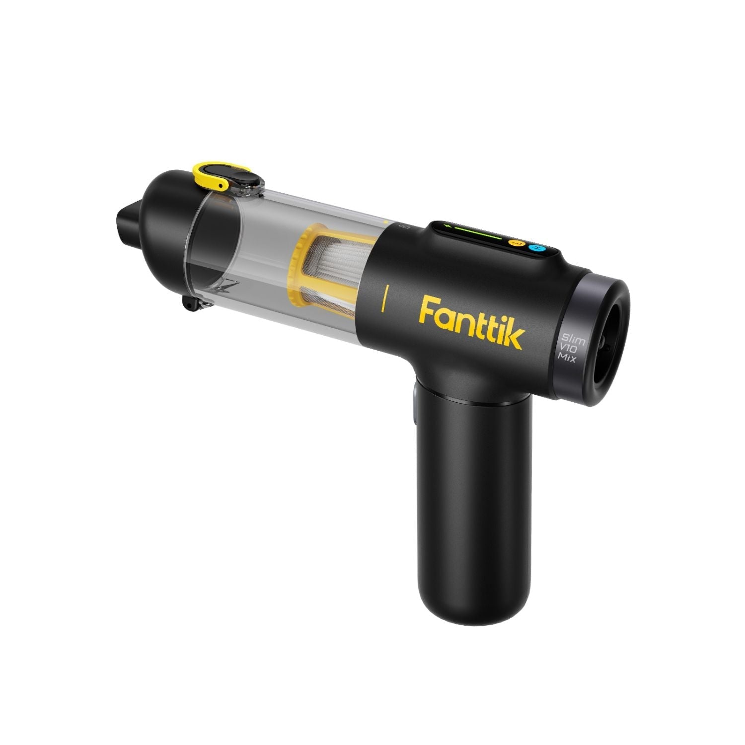 Fanttik Slim V10 Mix car vacuum: black, transparent dustbin, yellow filter, digital display, ergonomic handle.