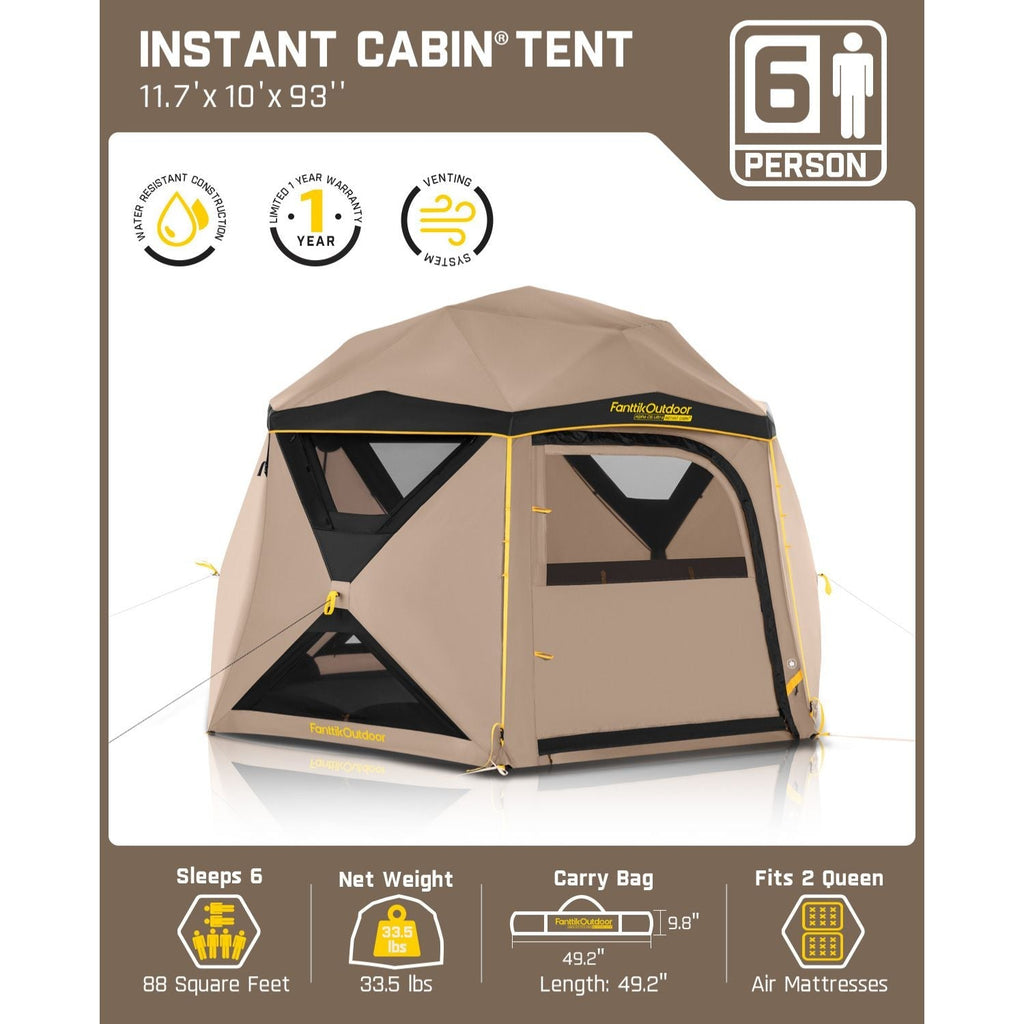 FanttikOutdoor Alpha C6 Ultra 6-person instant cabin tent, 11.7'x10'x93", water-resistant, 1-year warranty, venting.
