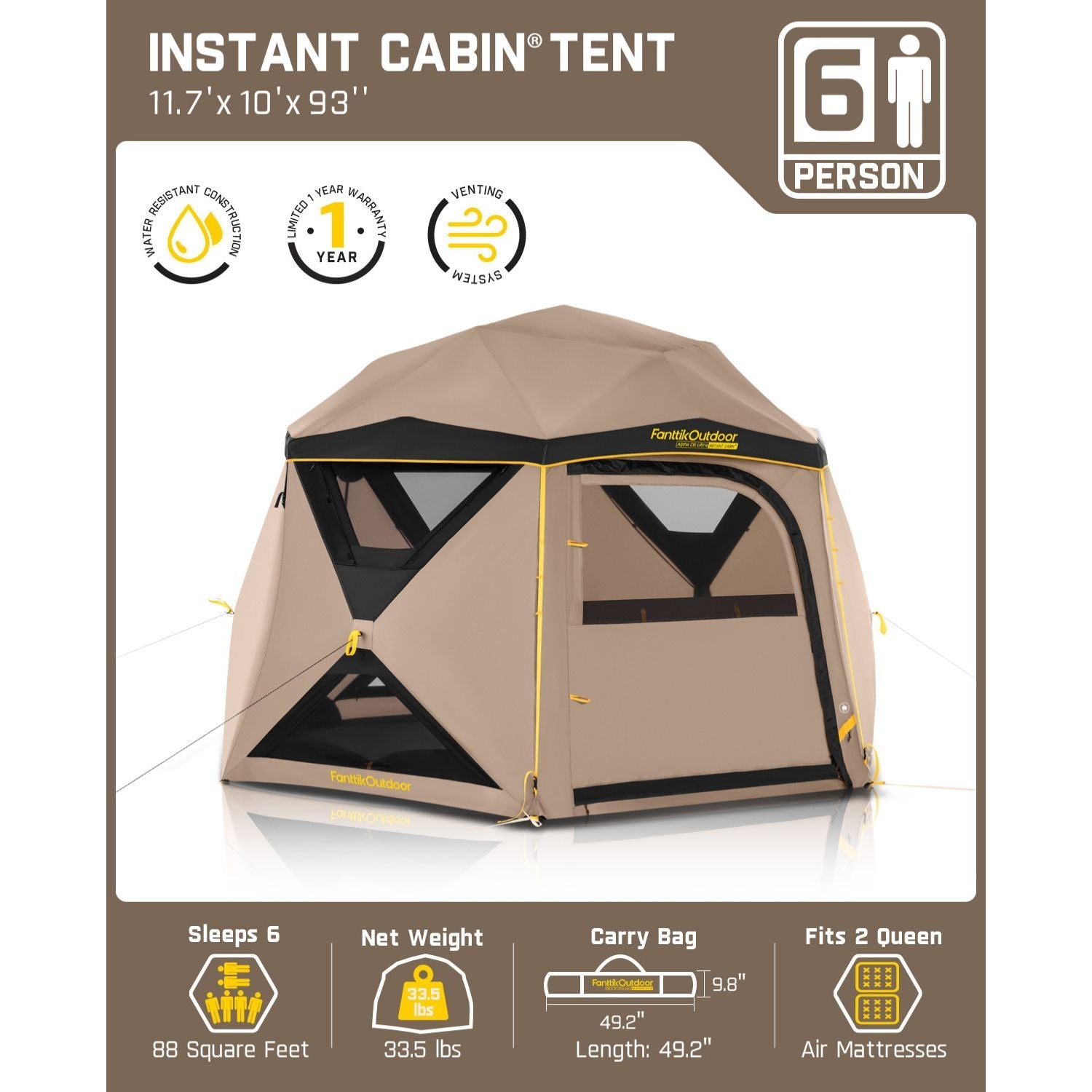 FanttikOutdoor Alpha C6 Ultra 6-person instant cabin tent, 11.7'x10'x93", water-resistant, 1-year warranty, venting.