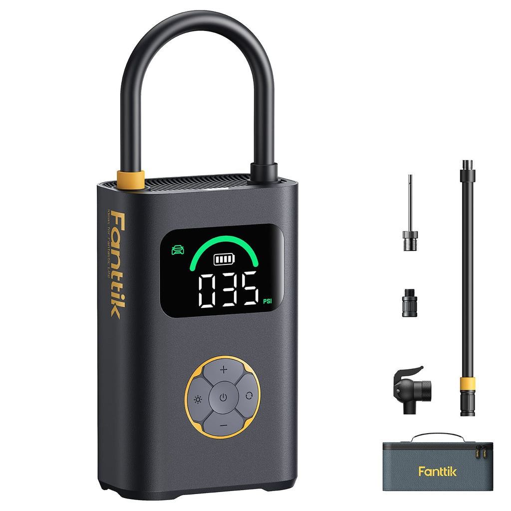 Fanttik X10 Pro Max tire inflator with digital PSI display, hose, adapters, and carrying case