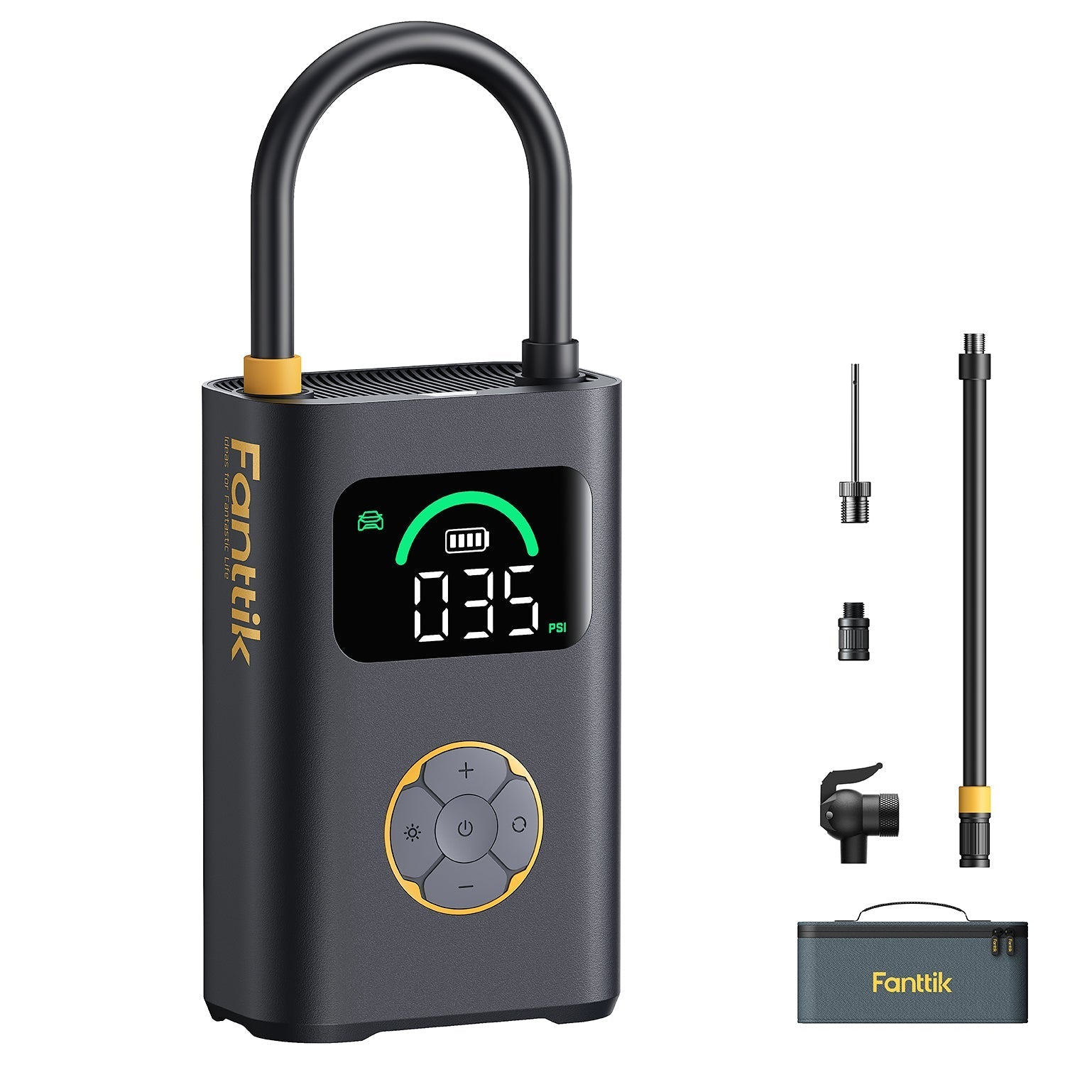 Fanttik X10 Pro Max tire inflator with digital PSI display, hose, adapters, and carrying case