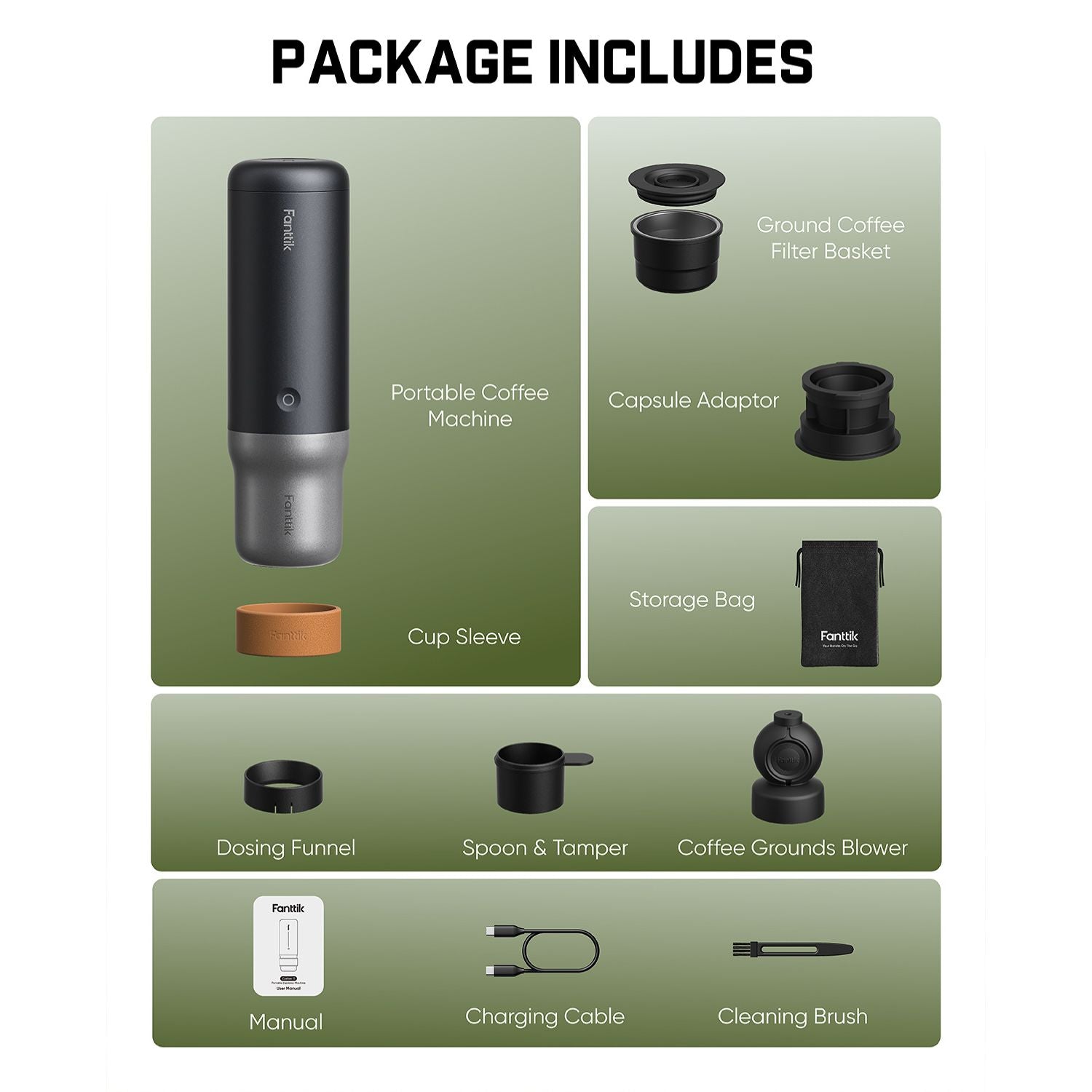 List of Fanttik Cafein 11 Portable Coffee Machine included in a package with a portable coffee machine and accessories on a green background.
