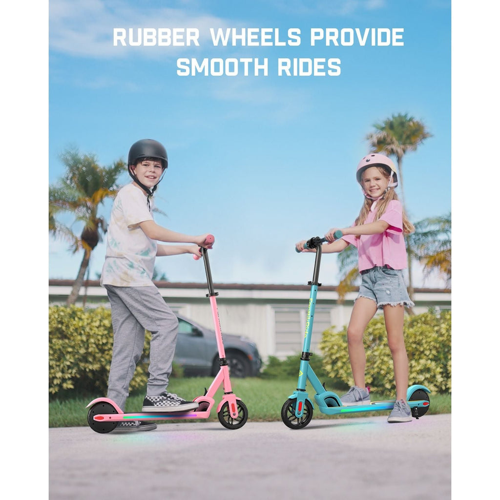 Pink and teal FanttikRide C9 Pro electric scooters for kids with LED lights, featuring rubber wheels for smooth rides.