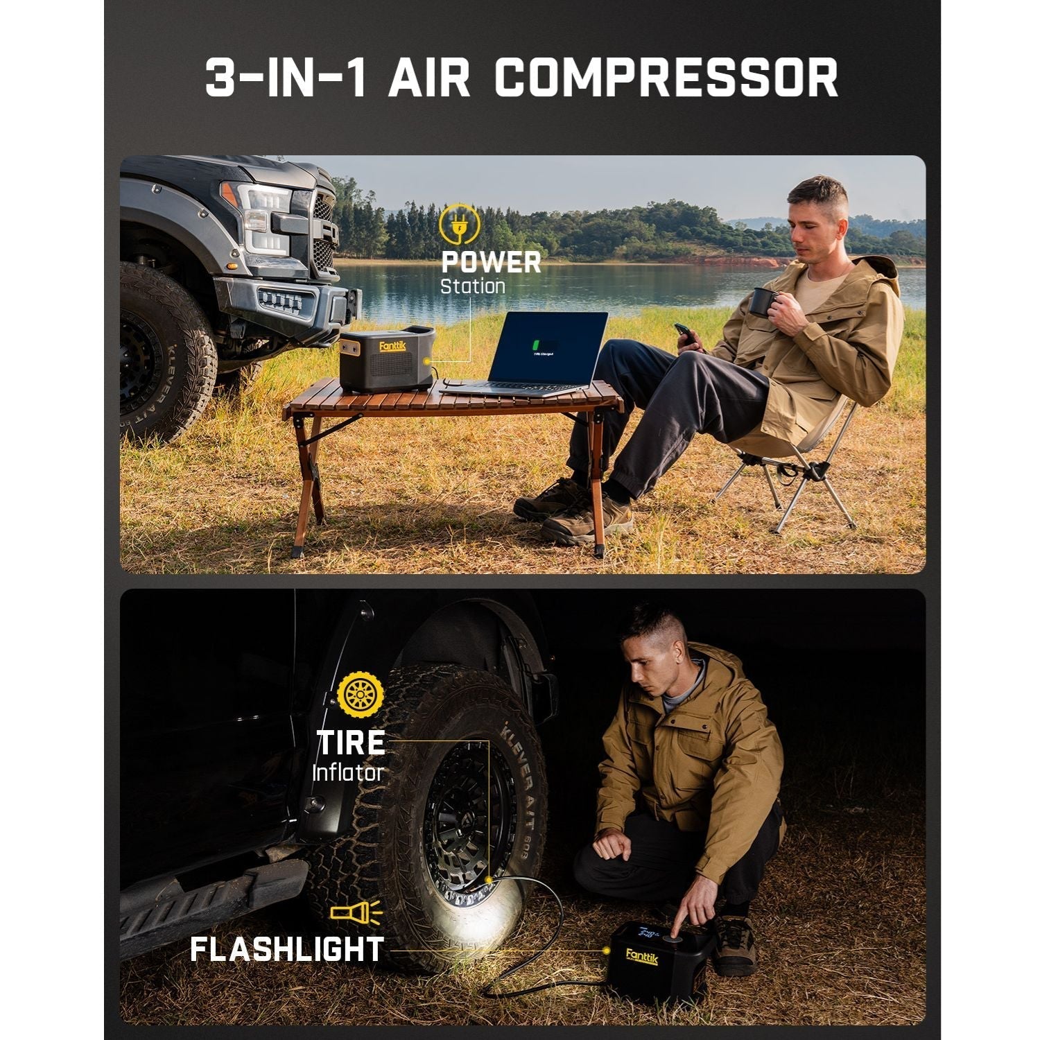 Fanttik X9 Ultra 3-in-1 air compressor shown as power station for laptop and for inflating truck tires with flashlight.