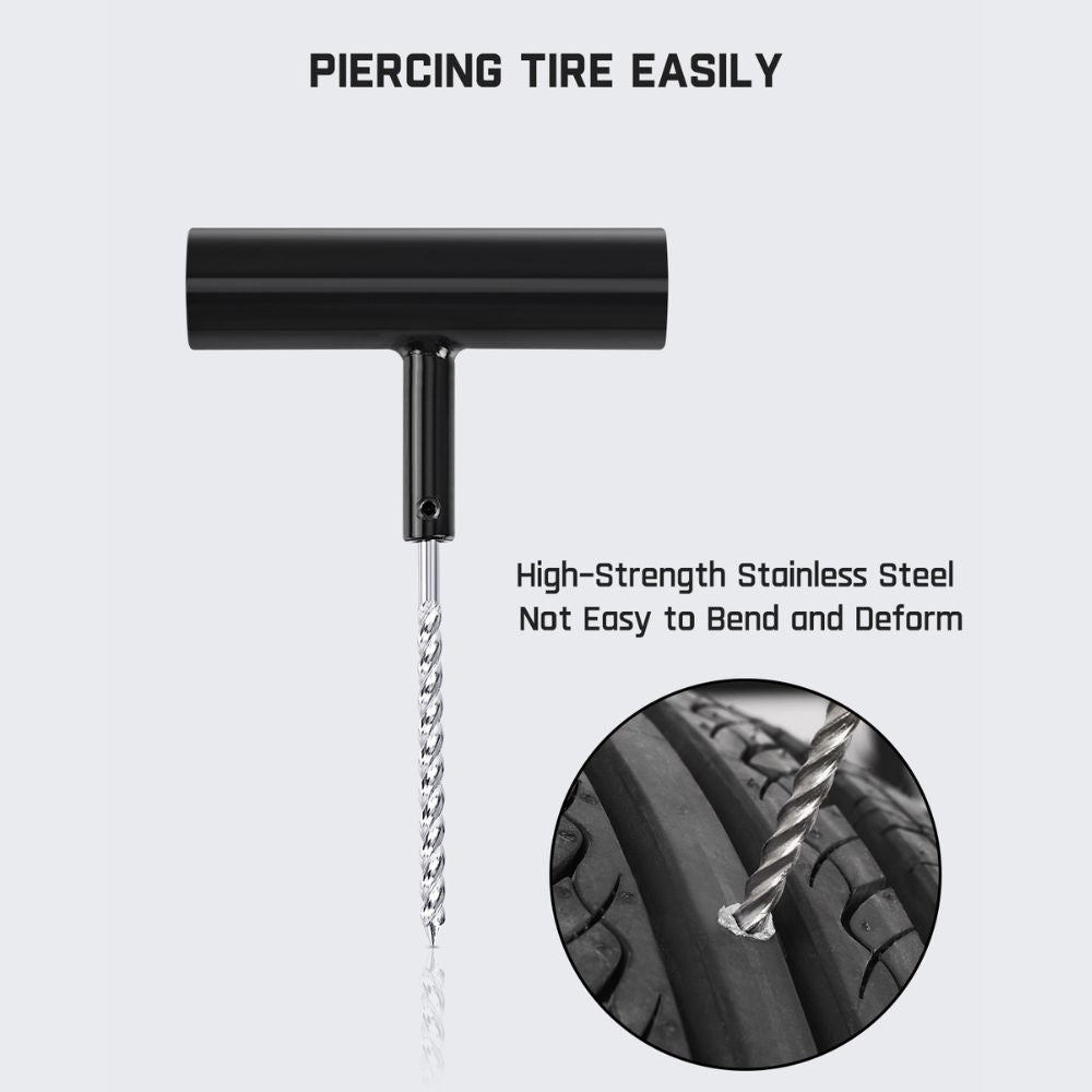 Fanttik tire repair tool with T-handle piercing a tire, made of high-strength stainless steel for easy and durable repairs.