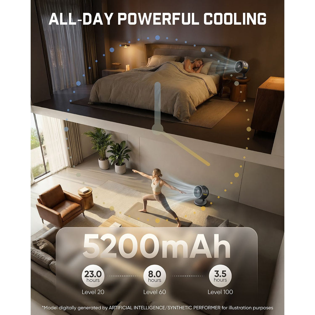 Room with a person exercising, featuring text about all-day powerful cooling and product specifications.