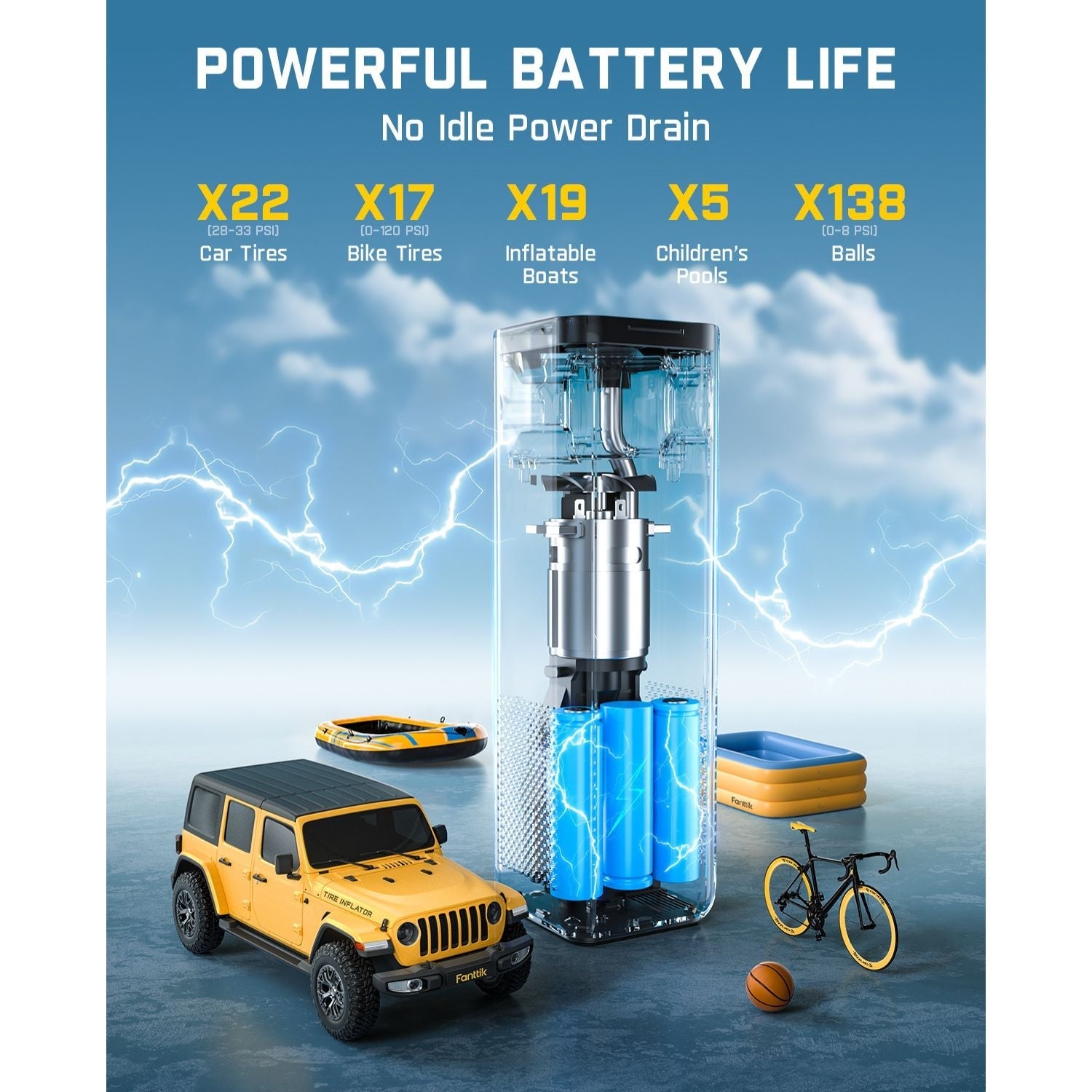 Fanttik X10 Cross Tire Inflator: Powerful battery life for car tires, bike tires, inflatable boats, pools, and balls.