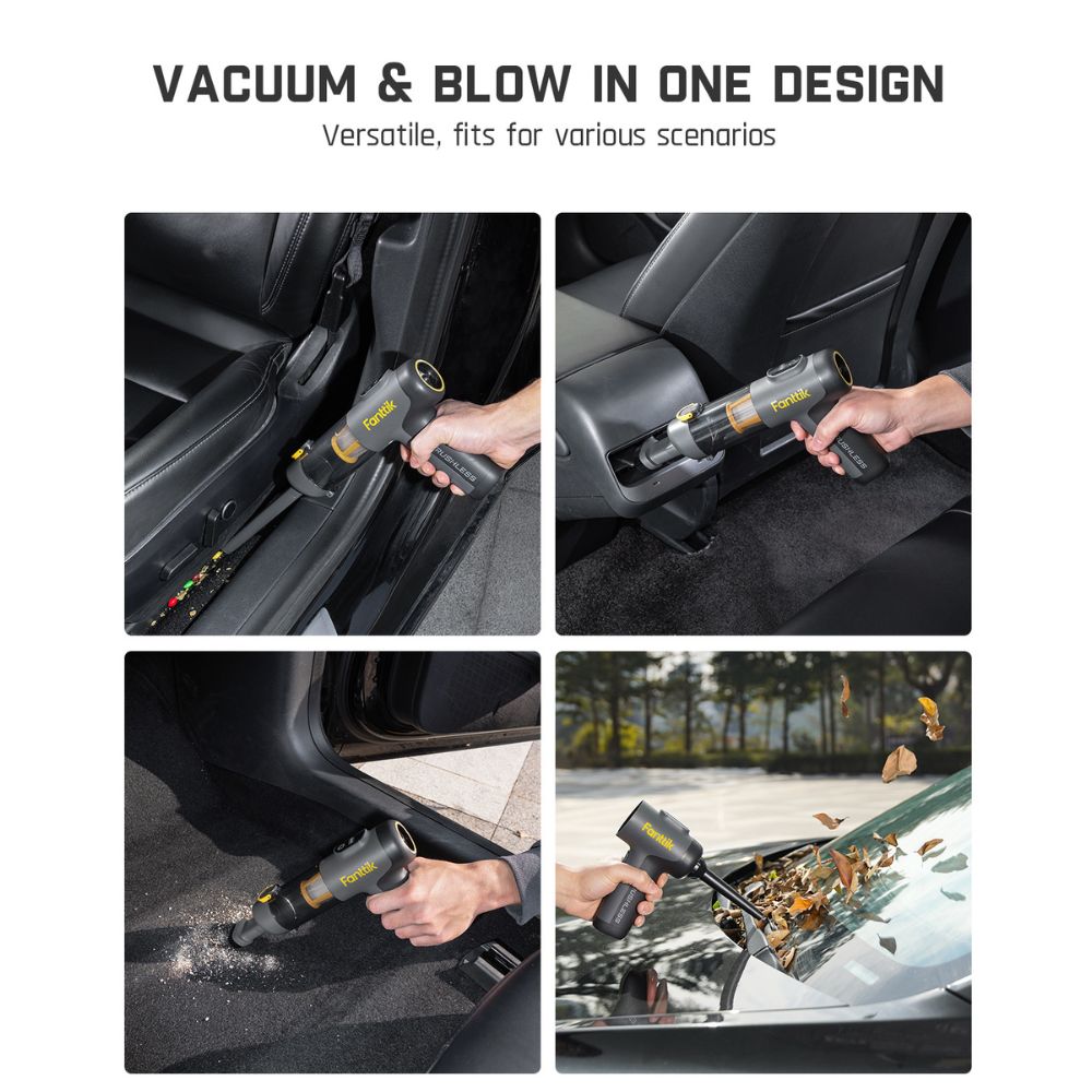 Fanttik Slim V9 Mix vacuum: cleaning car seats, console, floor, and blowing leaves.