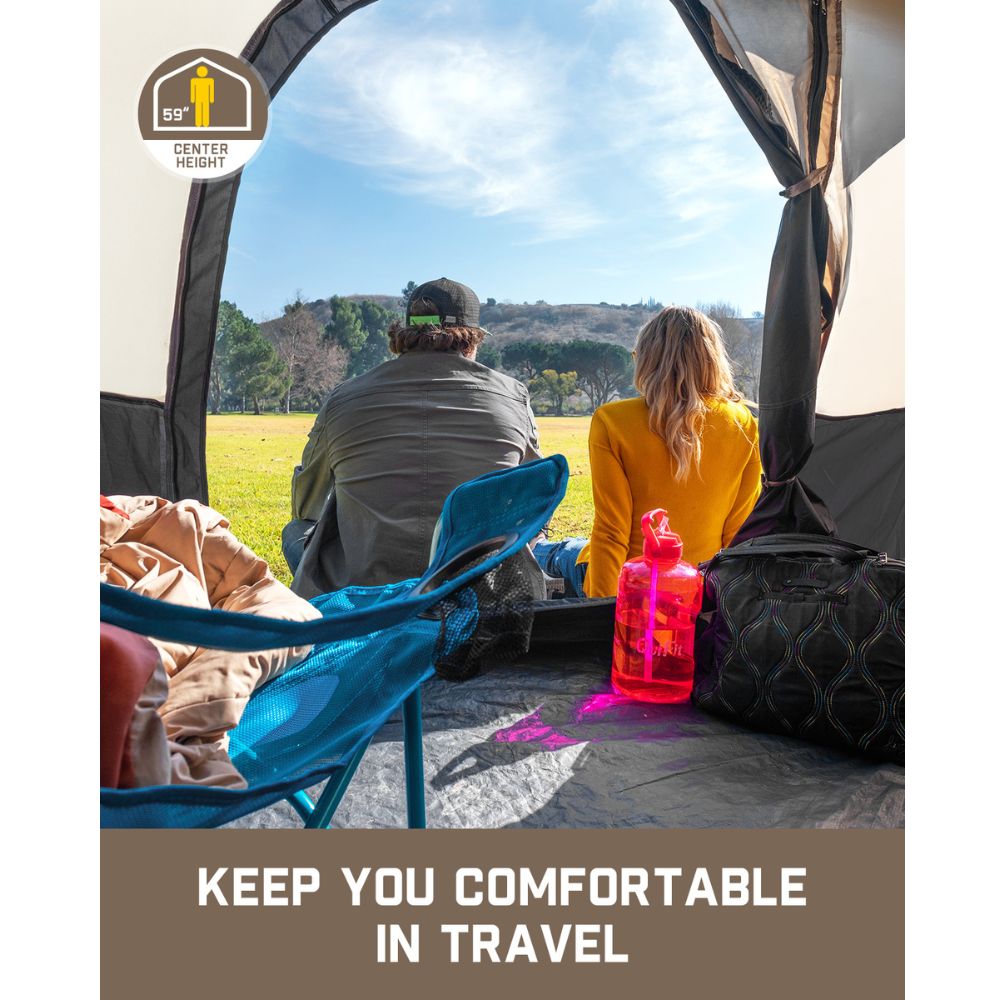 Couple relaxing in FanttikOutdoor Zeta C4 Pro 4 Person Camping Tent with 59" center height.