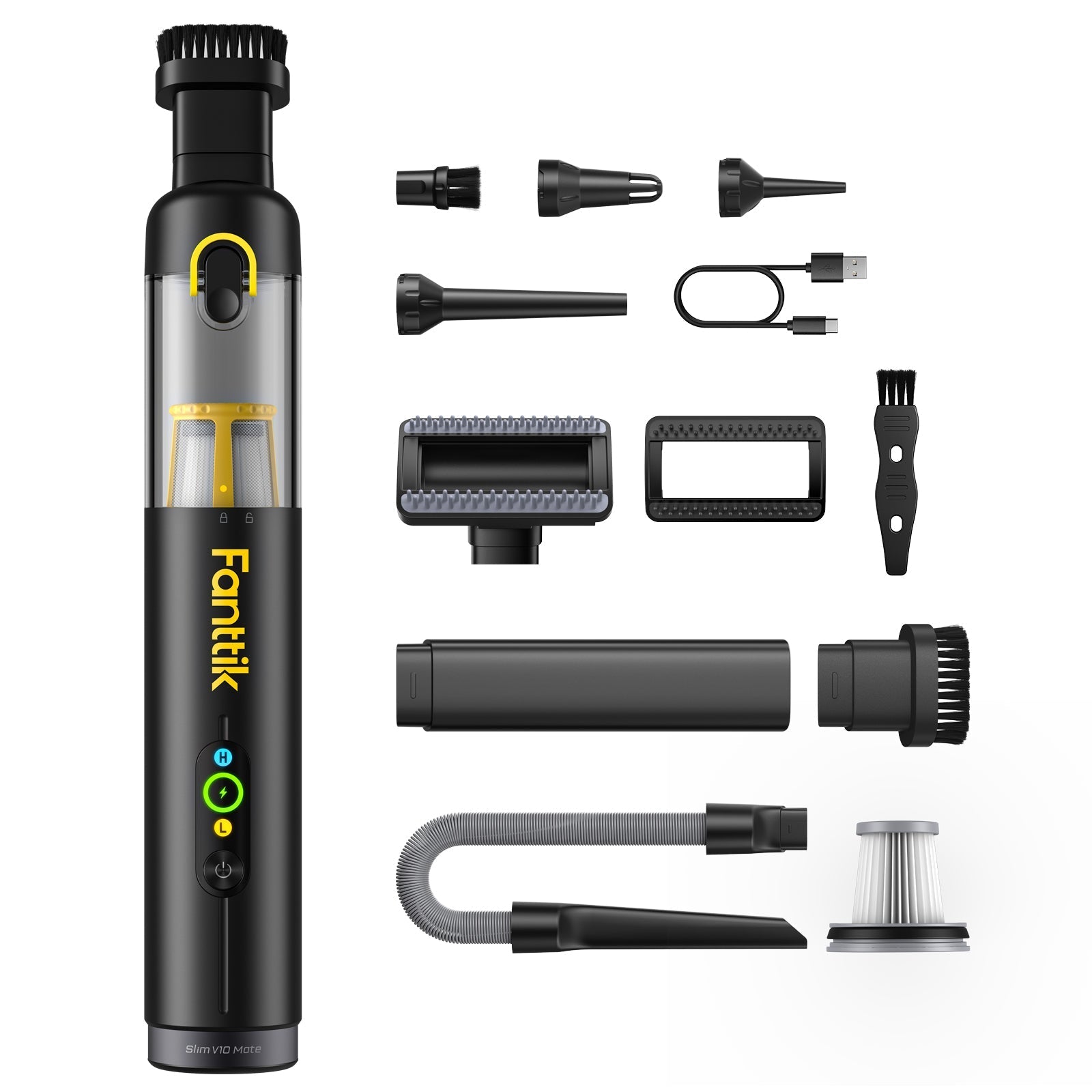 Fanttik Slim V10 Mate cordless car vacuum and accessories, including multiple nozzles and charging cable.