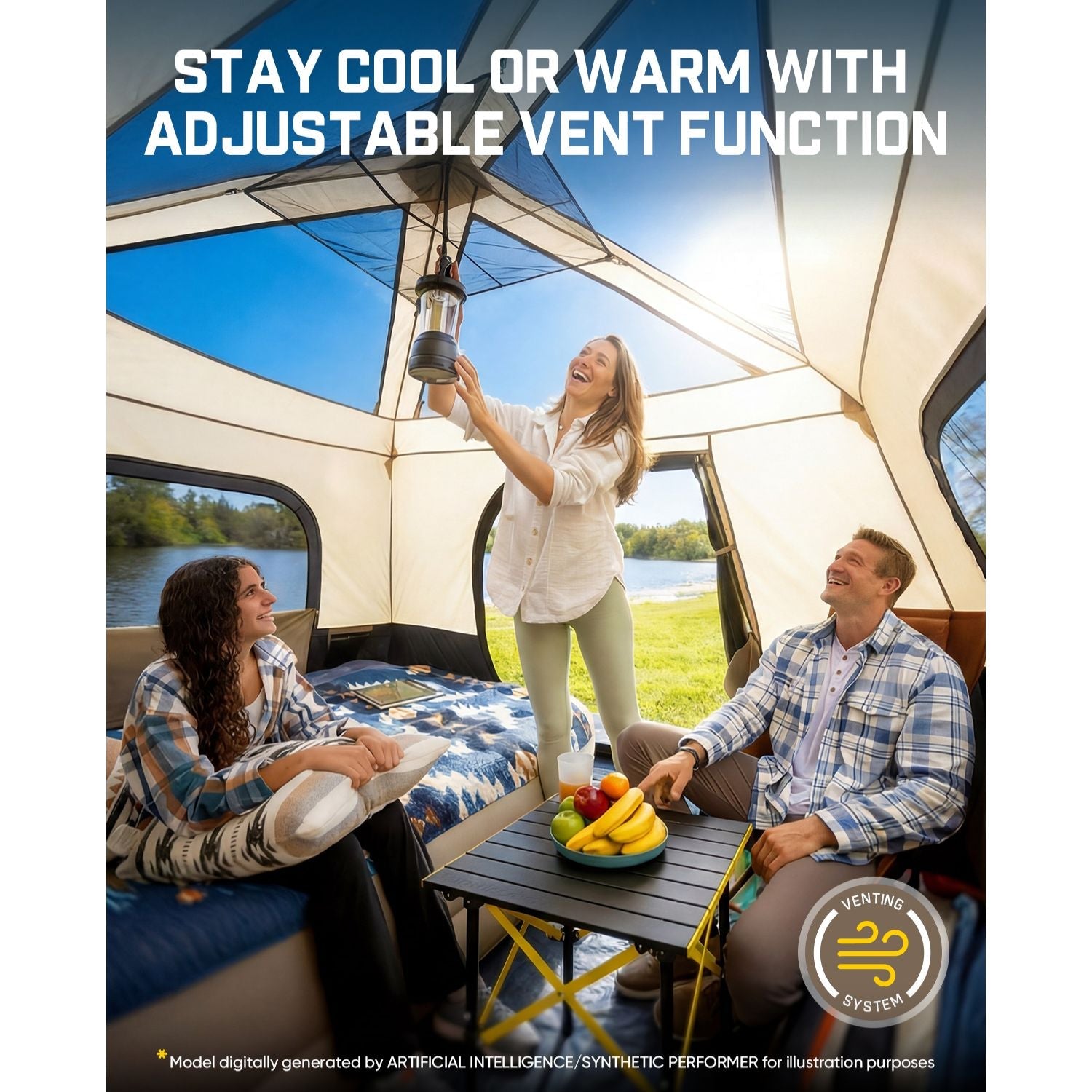 People inside a tent with adjustable vent function, enjoying a picnic by a lake.