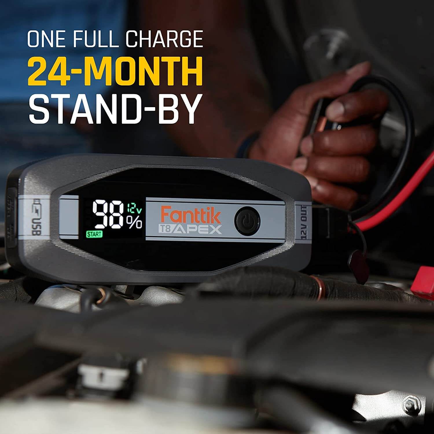 Fanttik T8 APEX jump starter with 99% charge and 24-month stand-by, ready to start a car engine.