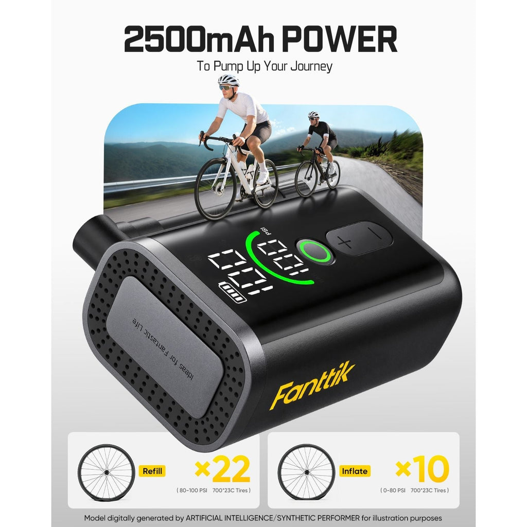 Fanttik X11 Ace bike pump, black portable mini air compressor with digital display and 2500mAh power