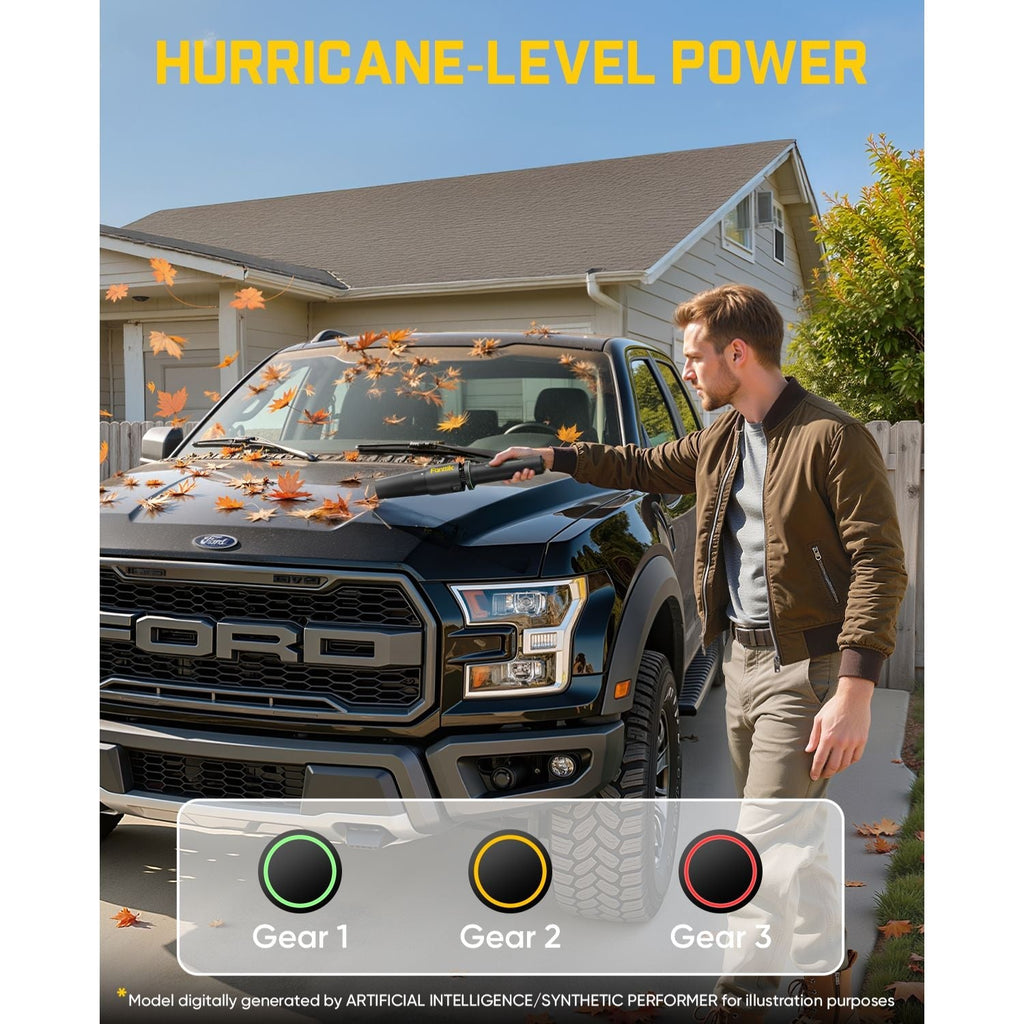 Man using Fanttik BF10 Pro cordless leaf blower to clear leaves from a Ford truck hood, three-speed control shown