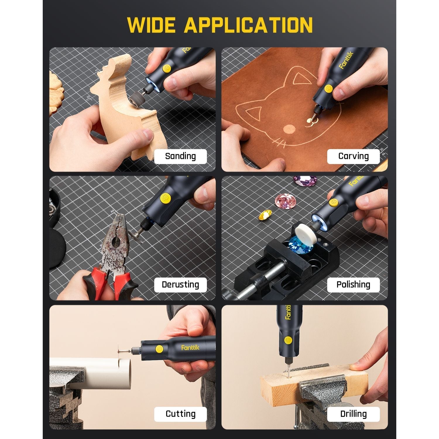 Fanttik F2 PRO rotary tool in action: sanding wood, carving leather, derusting, polishing gems, cutting pipe, drilling wood.