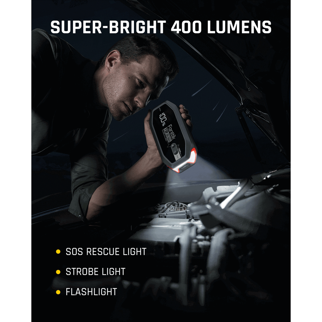 Fanttik T8 jump starter with super-bright 400 lumens flashlight, SOS rescue light, and strobe light functions.