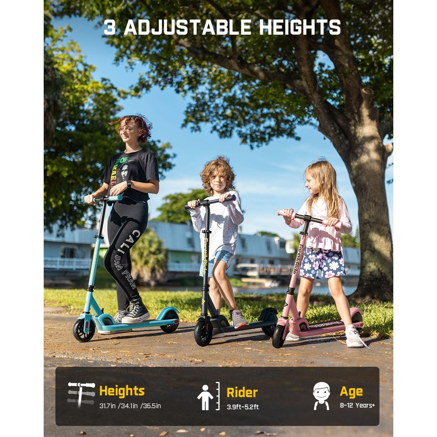 FanttikRide C9 blue electric scooter with adjustable heights for kids 8-12 years old, rider height 3.9-5.2ft.