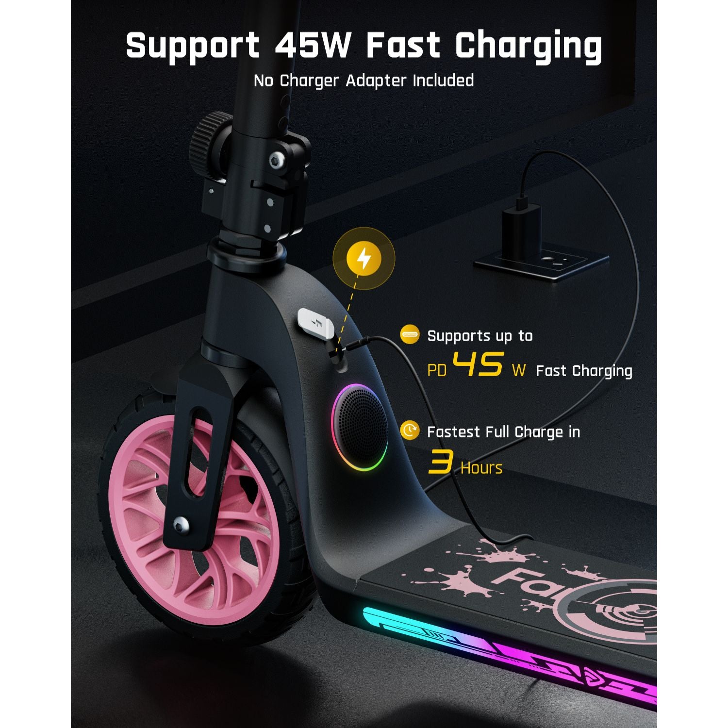 FanttikRide T10 Apex electric scooter for kids charging with 45W fast charge capability, full charge in 3 hours.