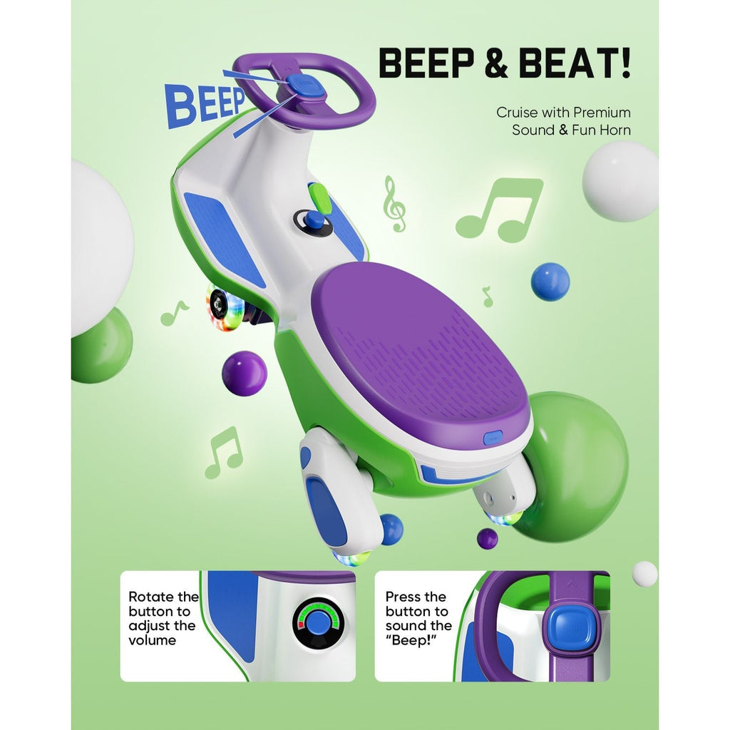FanttikRide N10 Pro electric wiggle car with purple steering wheel, RGB wheels and sound horn