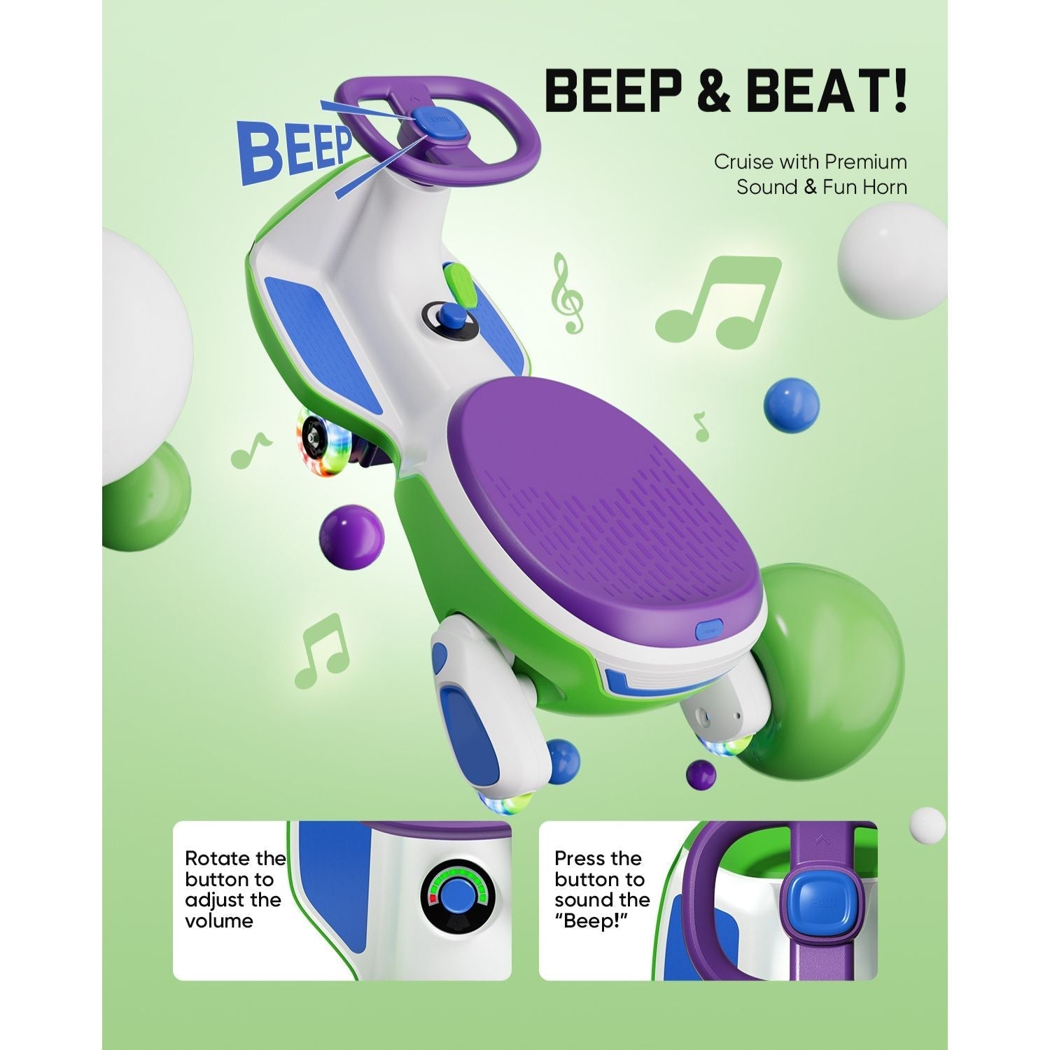FanttikRide N10 Pro electric wiggle car with purple steering wheel, RGB wheels and sound horn