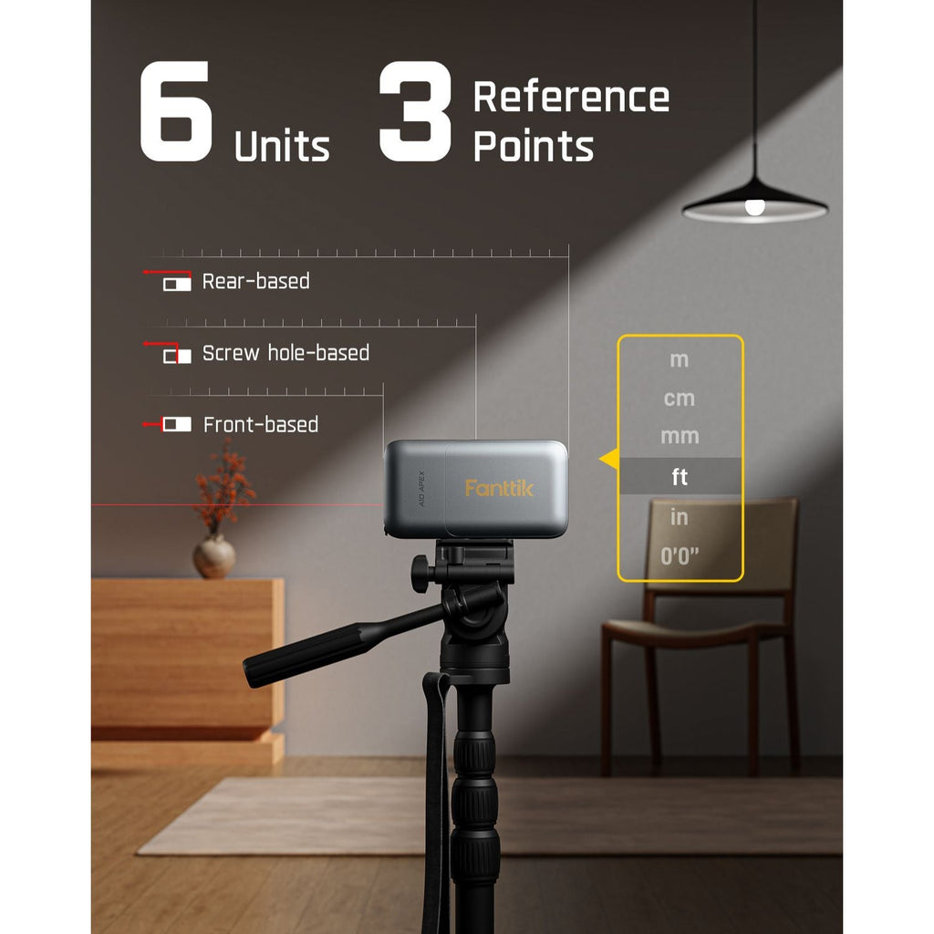 Fanttik A10 Apex laser distance meter on tripod showing 6 units and 3 reference points