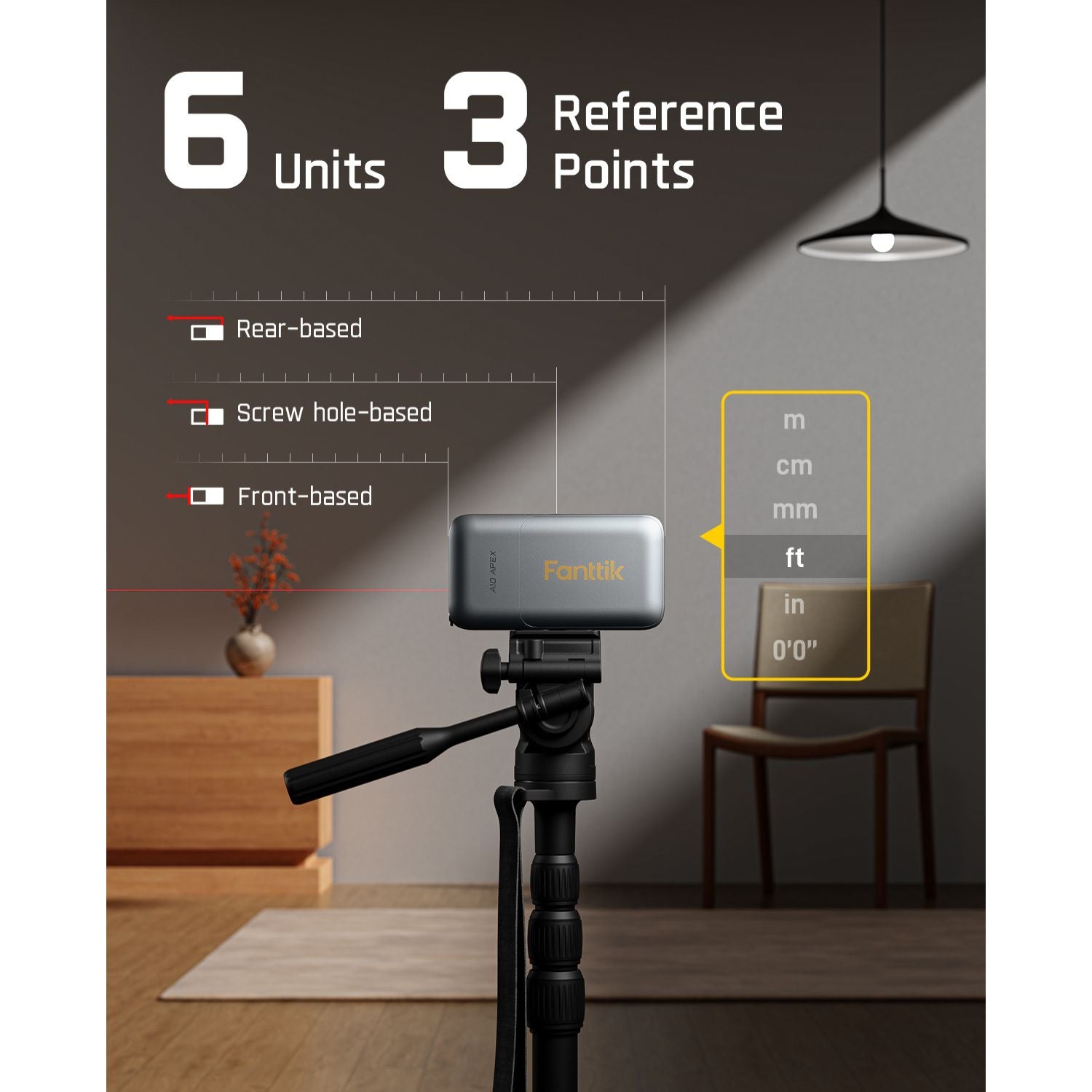 Fanttik A10 Apex laser distance meter on tripod showing 6 units and 3 reference points