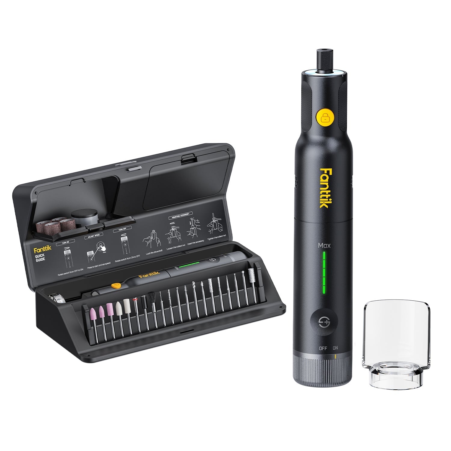 Fanttik F2 Pro cordless rotary tool kit with bits, black storage case, and battery pack