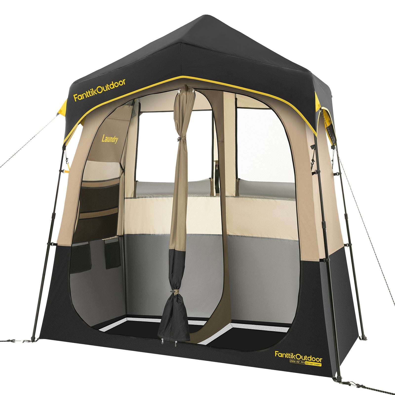 FanttikOutdoor Zeta A2 Pro two-room shower tent, black and beige, with privacy curtains