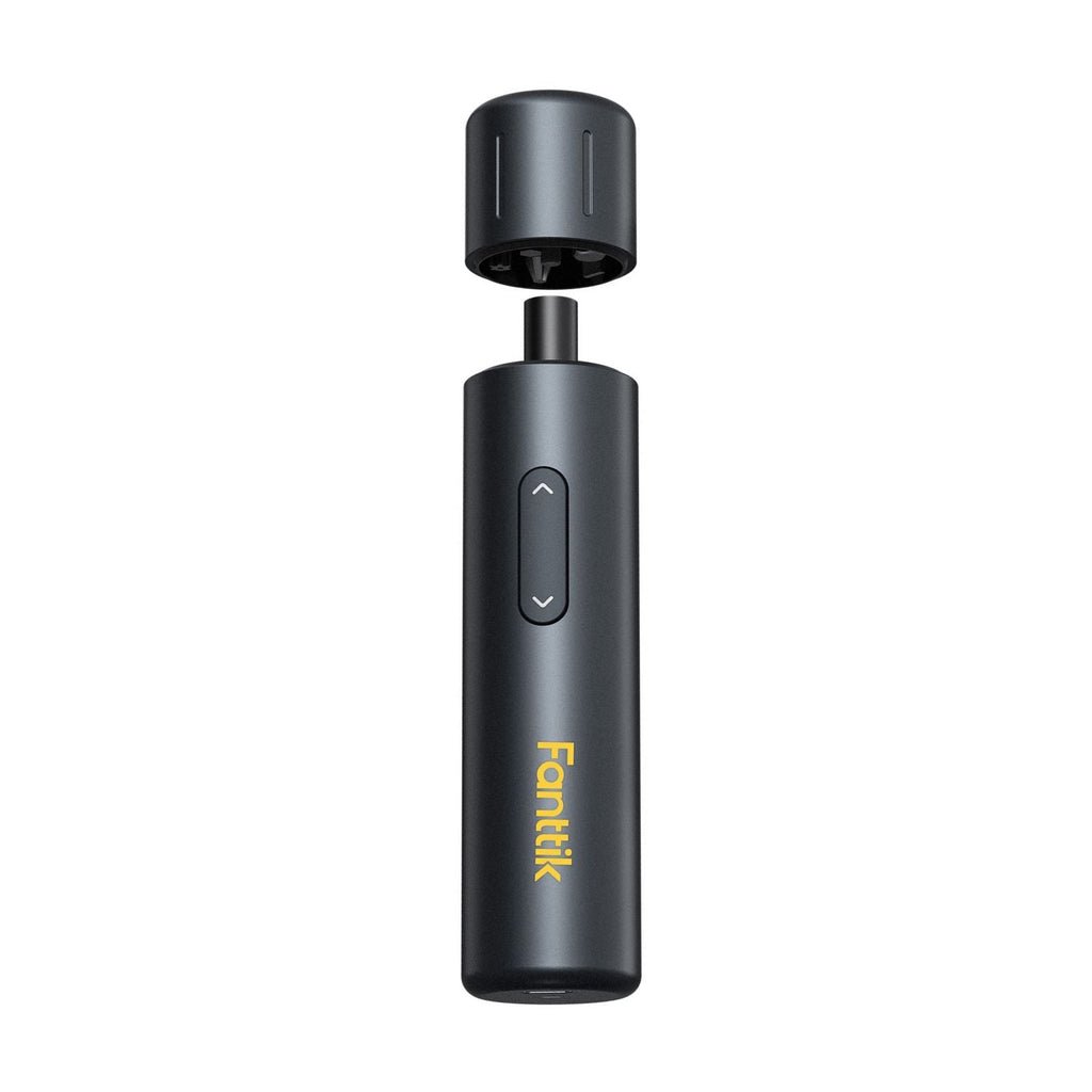 Fanttik S1 Capsule cordless screwdriver with magnetic storage cap open, showing bits. Gray.