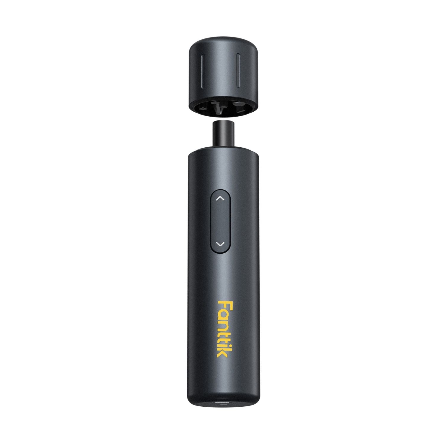 Fanttik S1 Capsule cordless screwdriver with magnetic storage cap open, showing bits. Gray.