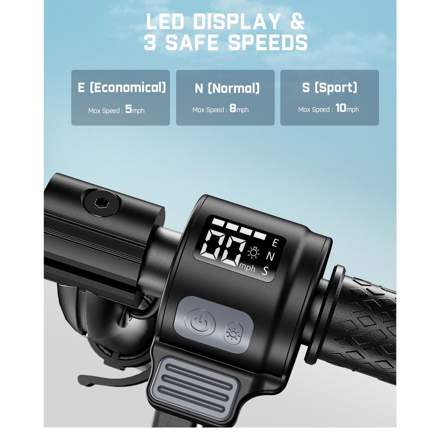 FanttikRide C9 Pro kids scooter display shows 3 speeds: Economical (5 mph), Normal (8 mph), Sport (10 mph).