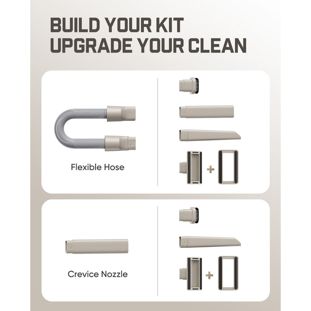 Product kit with flexible hose and crevice nozzle on a white background