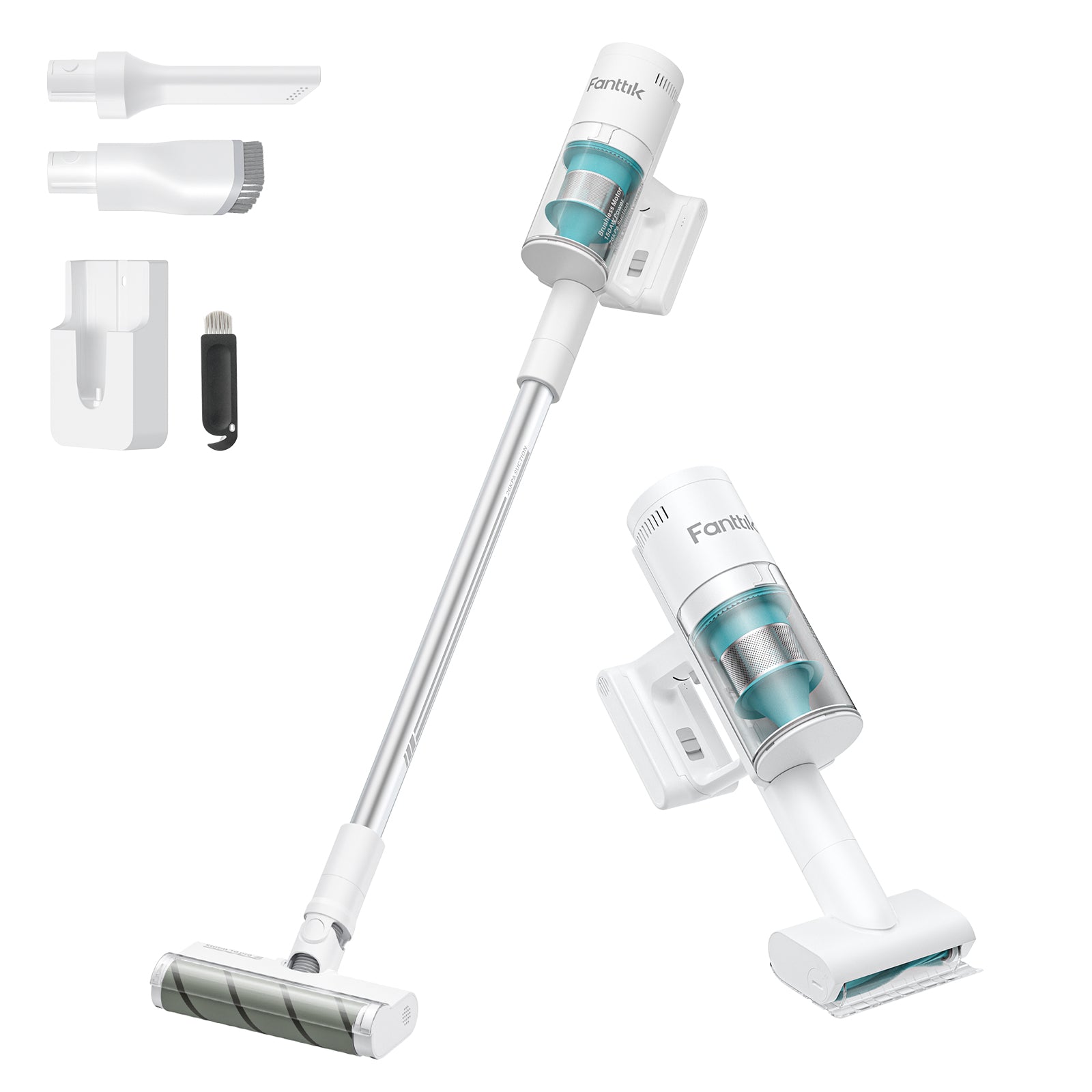 Fanttik Storm 10 Pro cordless stick vacuum cleaner in white with attachments and wall mount.