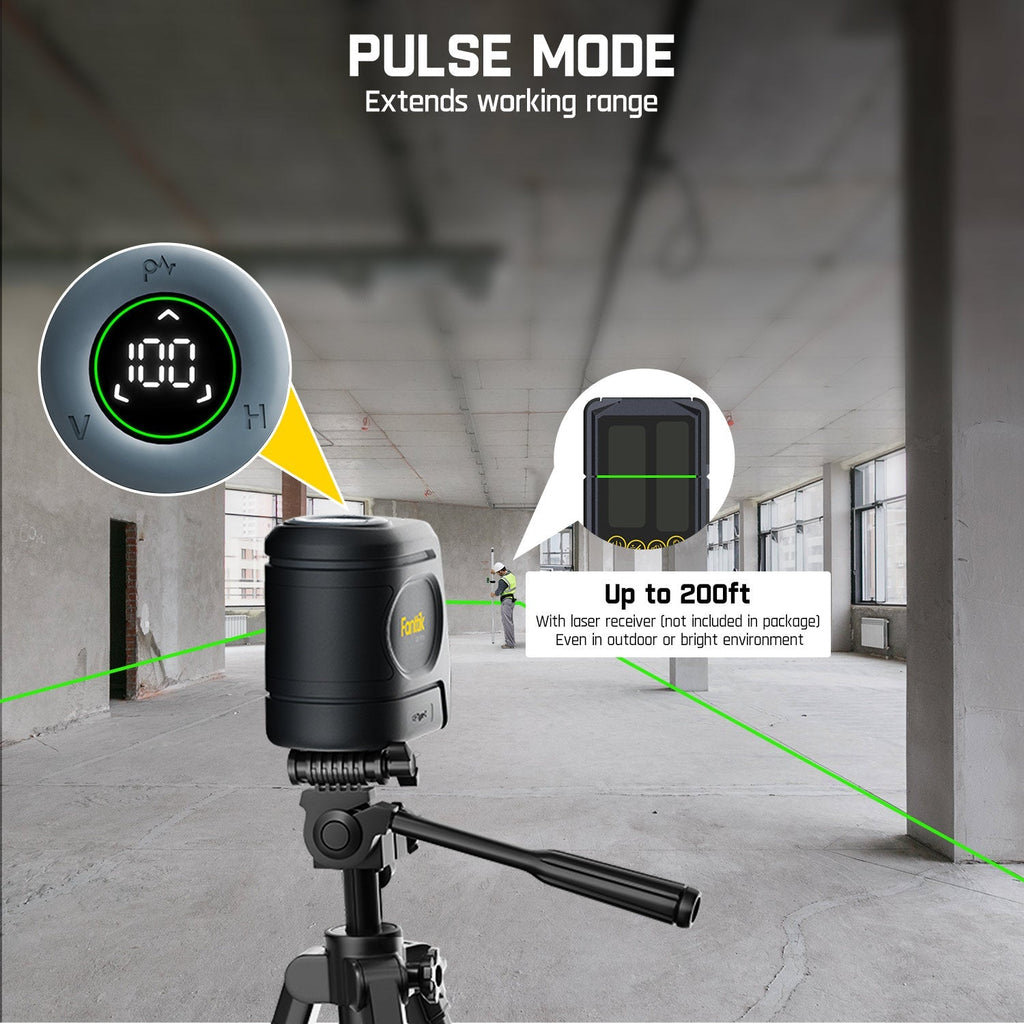 Fanttik D2 PRO Cross Line Laser Level in Pulse Mode, projecting green lines up to 200ft
