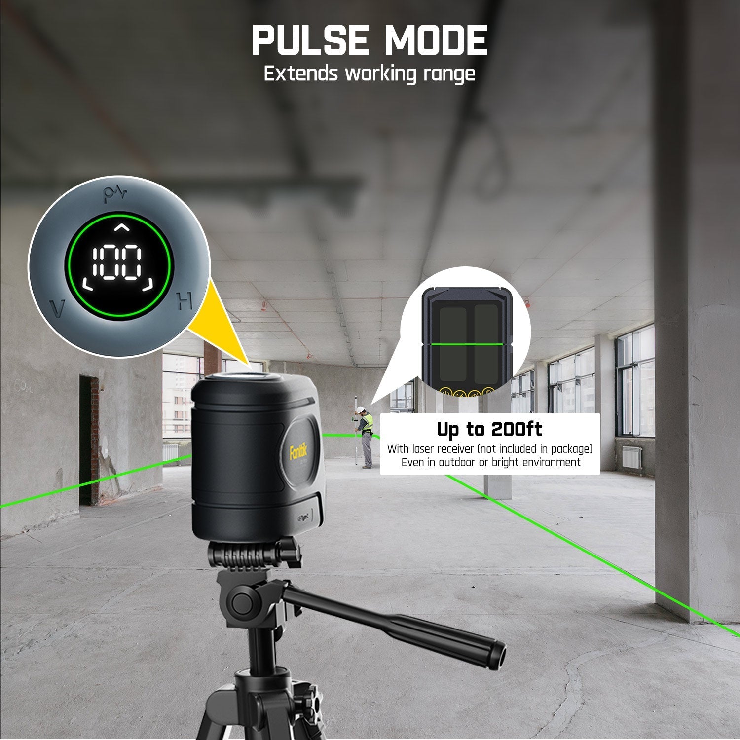 Fanttik D2 PRO Cross Line Laser Level in Pulse Mode, projecting green lines up to 200ft