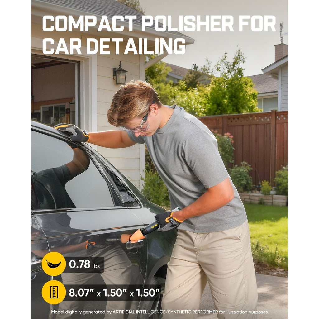 Person using a compact polisher for car detailing with text and product dimensions displayed.