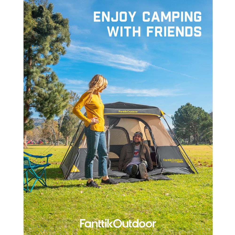 FanttikOutdoor Zeta C4 Pro 4-person tent with people enjoying camping. 'Enjoy Camping with Friends' text.