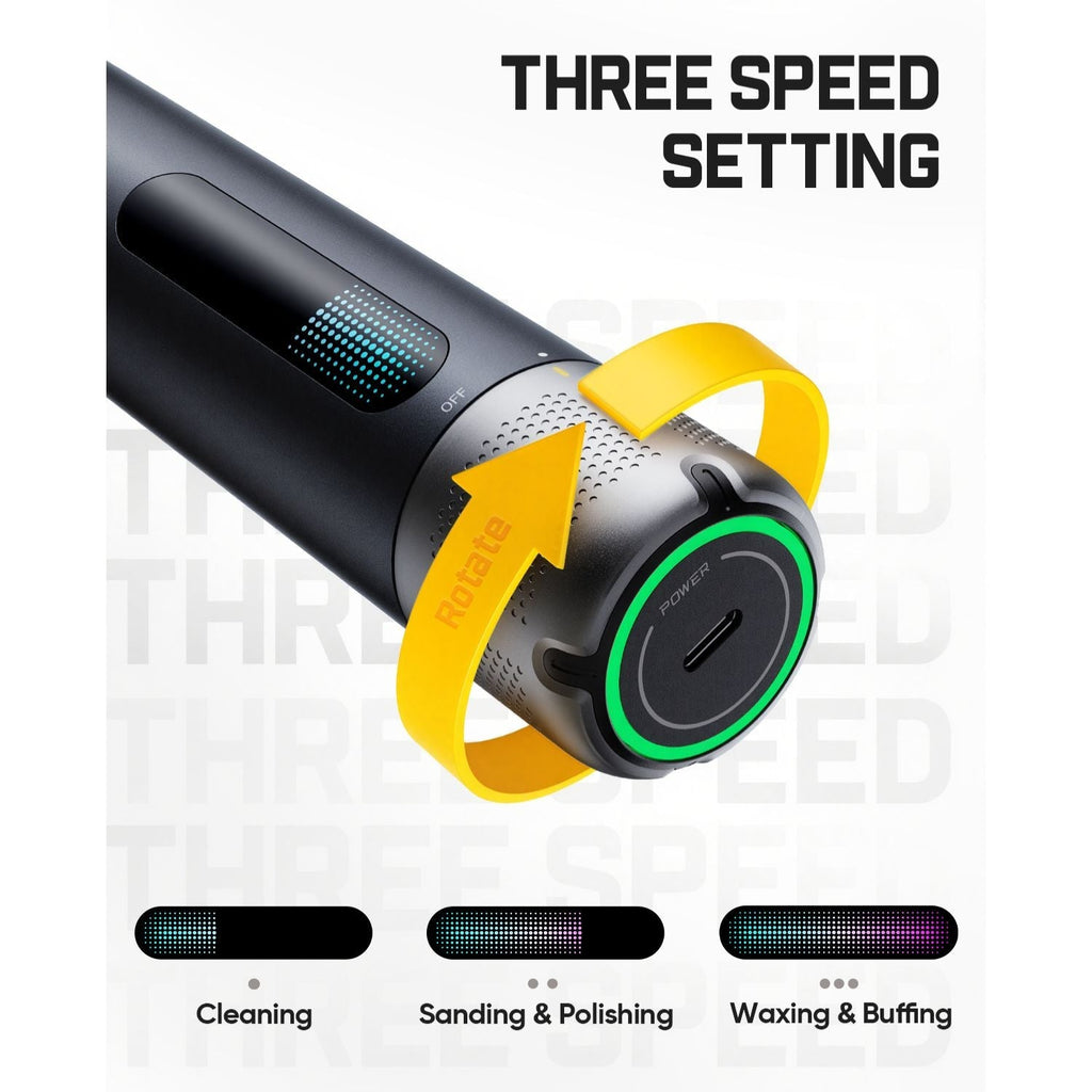 Electric polisher with three speed settings labeled on a white background