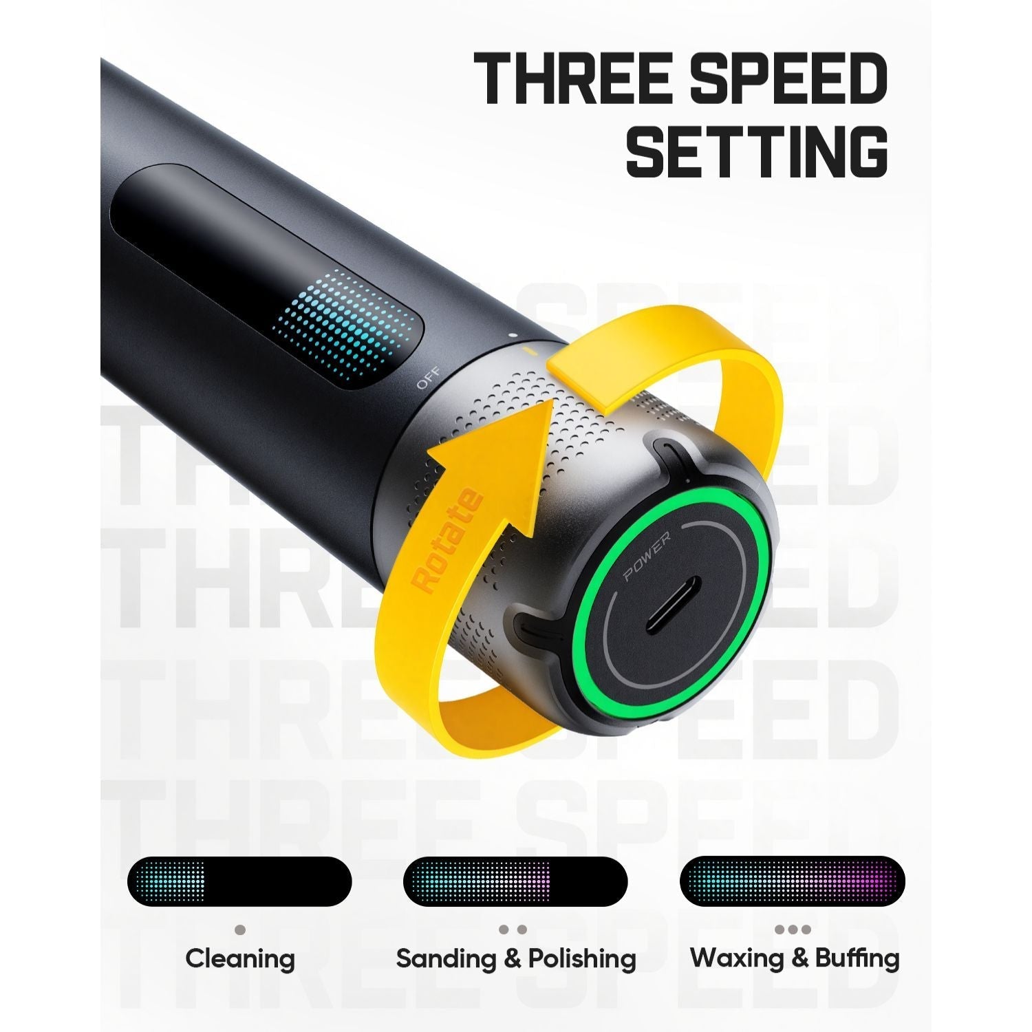 Electric polisher with three speed settings labeled on a white background