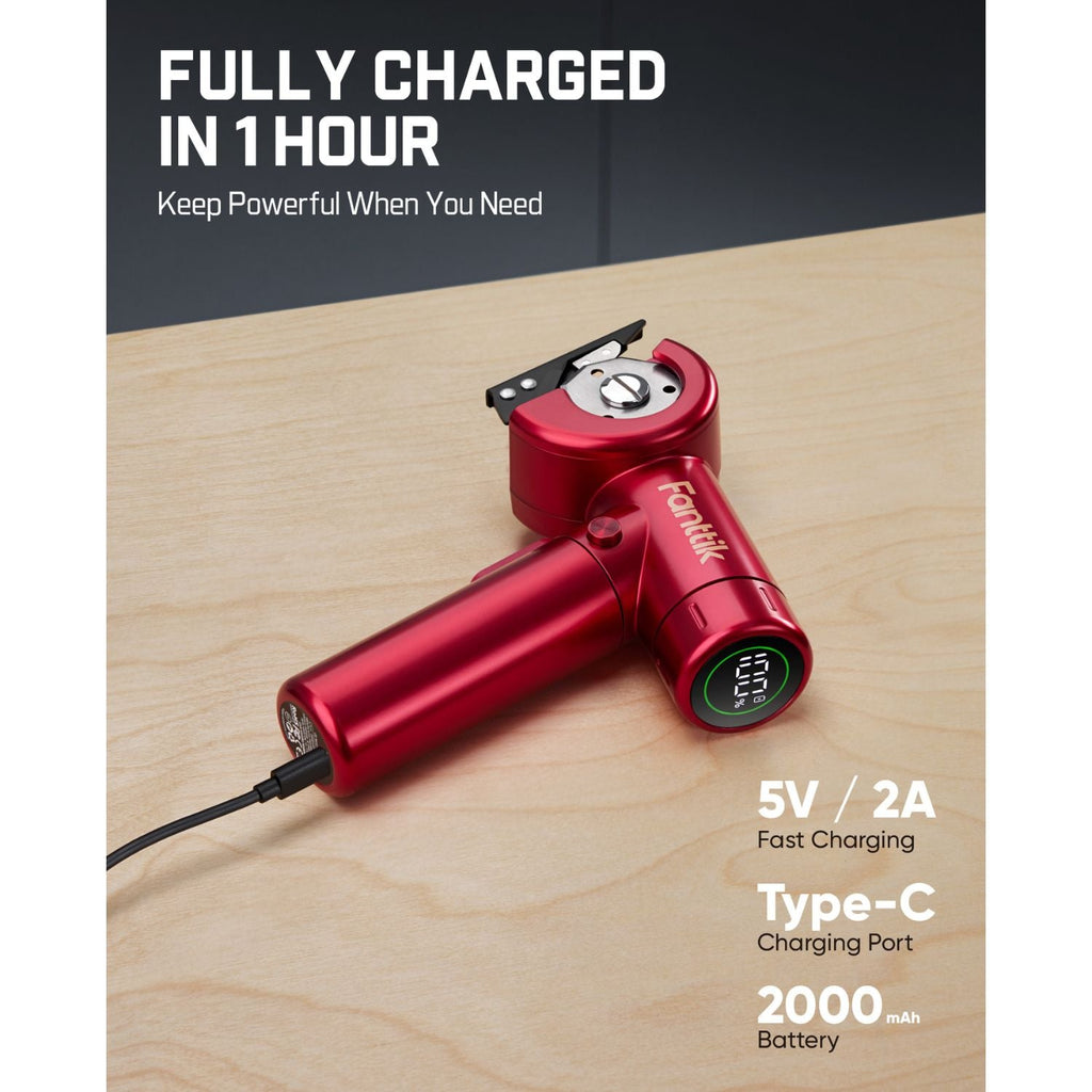 Red Fanttik cordless electric scissors charging via Type-C, with LED display and quick charge features