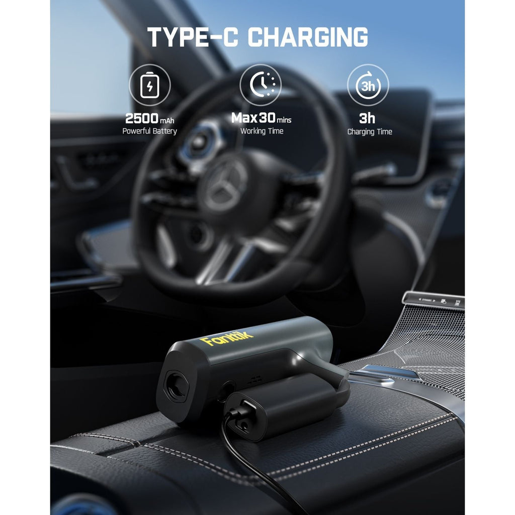 Fanttik NB8 Flip sprayer charging via Type-C. Features 2500mAh battery, 30 min run time, 3h charge.