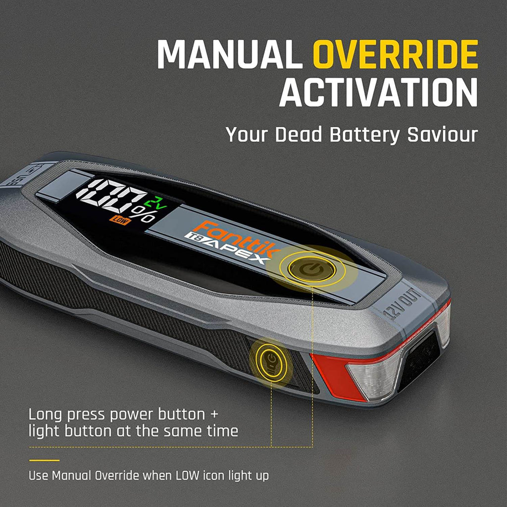 Fanttik T8 APEX jump starter: Manual override activation for dead batteries. Shows 100% charge, instructions for force start.