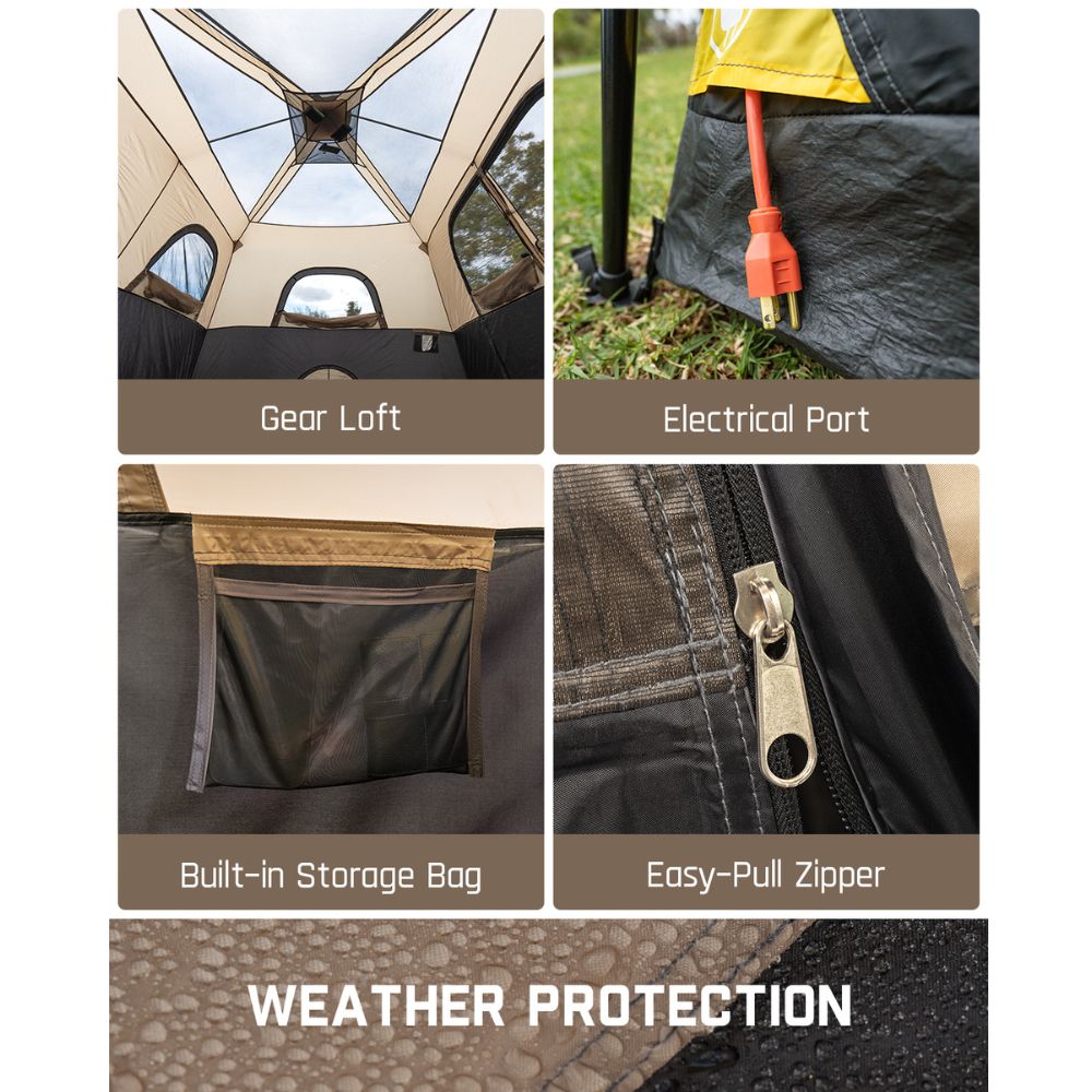 FanttikOutdoor Zeta C10 Pro tent features: gear loft, electrical port, storage bag, zipper, and weather protection.